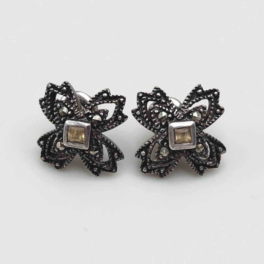 Vintage Citrine Marcasite Geometric Floral 925 Sterling Silver Stud Earrings